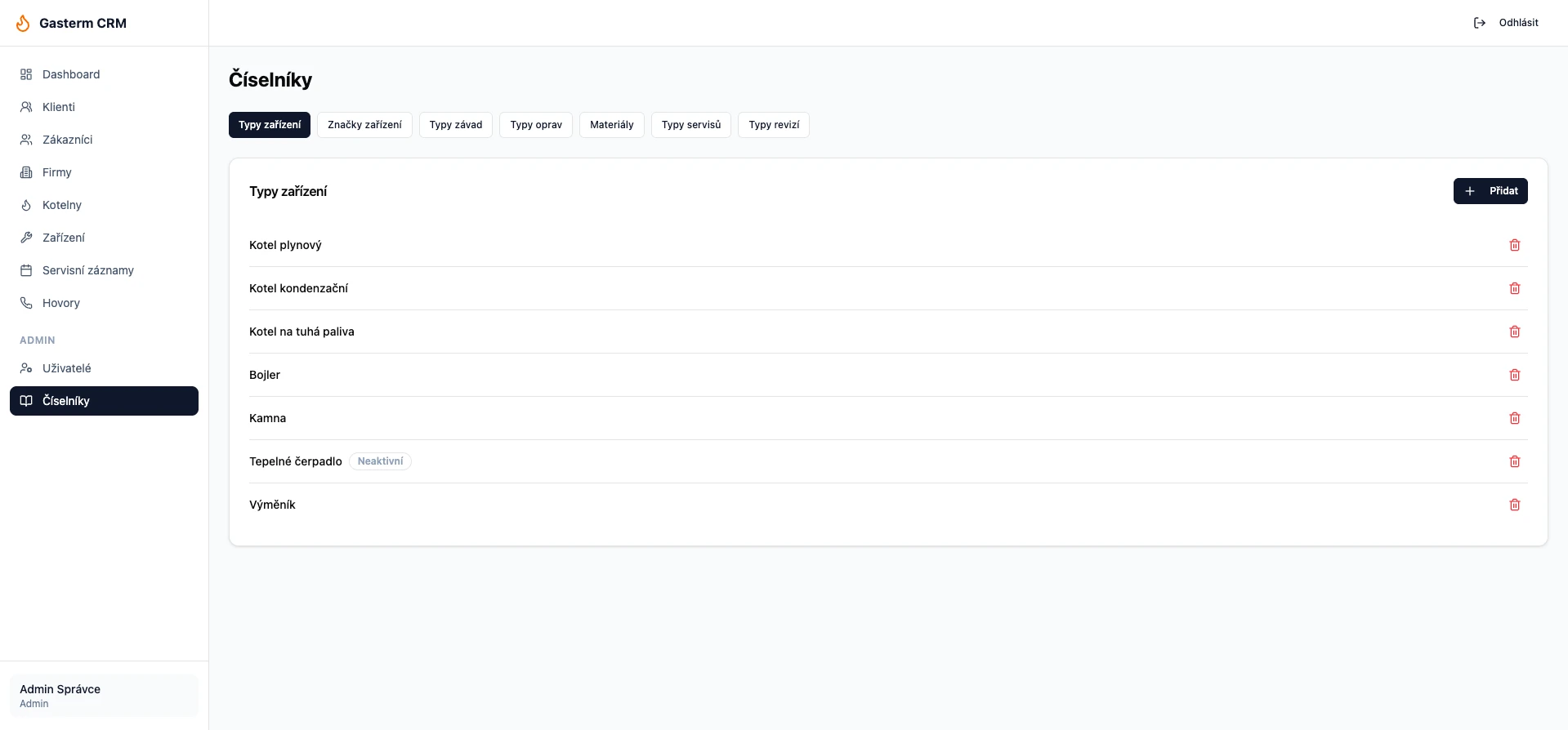 Ukázka CRM systému — servisní historie kotle